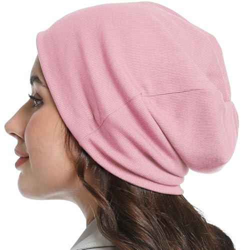 Slouchy Beanie for Women Men Thin Knit Winter Hat 93% Cotton Beanies - color: Pink