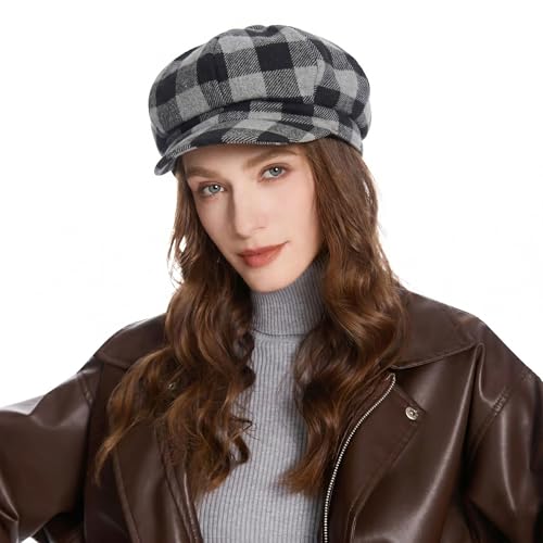 ZLYC Women Classic Newsboy Cap Visor 8 Panel Gatsby Cabbie Paperboy Hat - color: (Plaid) Black