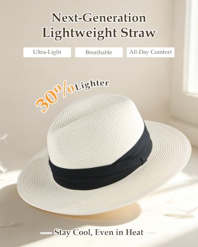 Straw Fedora Panama Hat for Men Women, UPF 50+ Wide Brim Sun Hat, Lightweight Packable Summer Beach Hat - color: Ivory, size: Large