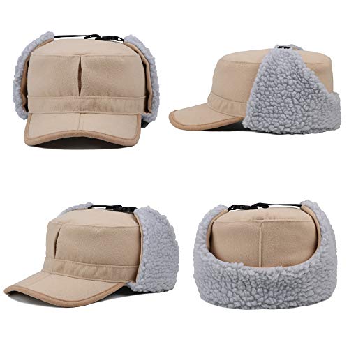 Winter Windproof Ear Flap Hats Denim Baseball Cap Ushanka Trapper Hat Men&Women Fashion Cap - color: Khaki, size: Large