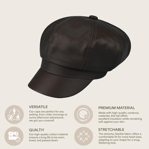 C.C Knitted Newsboy Cap for Women – Soft Knit Hat with Adjustable Velcro, Lightweight Warm Winter Style - color: Faux Leather-dk. Chocolate