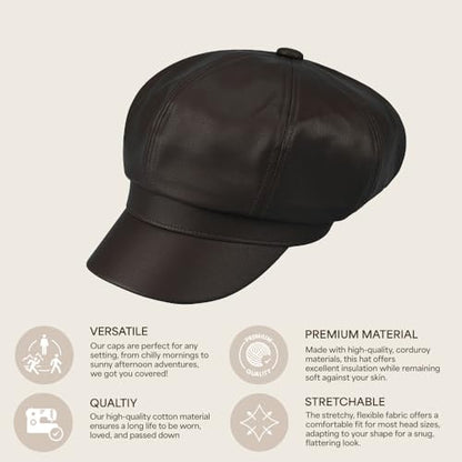 C.C Knitted Newsboy Cap for Women – Soft Knit Hat with Adjustable Velcro, Lightweight Warm Winter Style - color: Faux Leather-dk. Chocolate