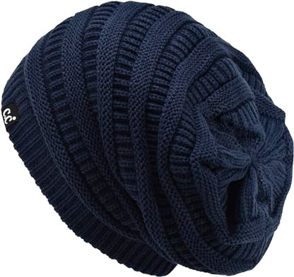 C.C Beanie Oversized Hat with Fuzzy Lining – Thick Knit Thermal Beanie for Cold Weather, Soft Warm Fleece Lined Cap - color: Navy Blue