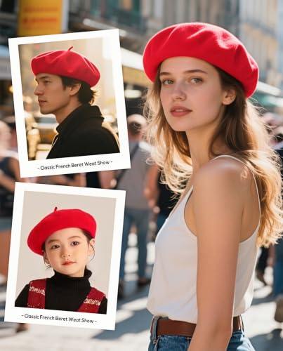 Wool French Beret Hats for Women Classic Winter Beanie Cap - color: Red
