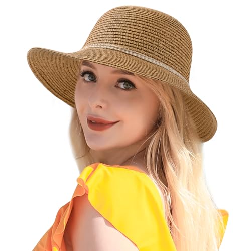 Beach Sun Straw Hats for Women, UPF 50+ UV Sun Protection Summer Straw Hat - color: Khaki - Hemp Rope Buckle