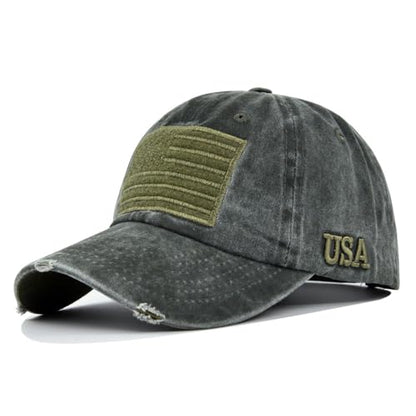 YuMENo American Flag Baseball Cap for Men Women Adjustable Distressed Embroidered USA Dad Hat - color: Washed Army Green