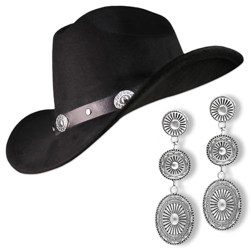 Cowboy Hat Rhinestone Cowgirl Boots Earrings Set Western Earring Felt Fedora Jazz Hat Rodeo Outfit for Women Size M - color: Triple Oval Black