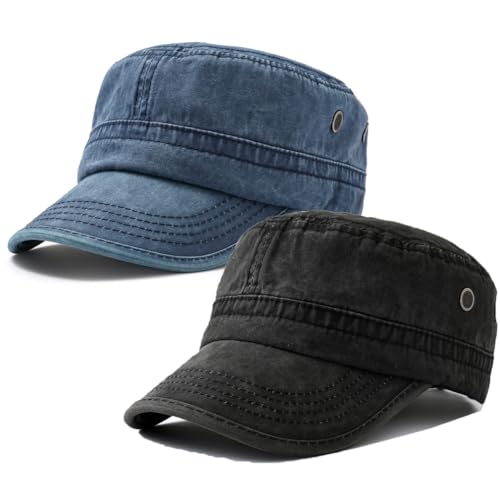 2 Pack Men's Cotton Military Caps Cadet Army Caps Vintage Flat Top Cap - color: Navy/Dark Grey