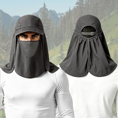 2Pack Men’s Foldable Sun Hat with Removable Face Mask & Neck Flap, UPF 50+ UV Protection, Quick-Drying Outdoor Fishing Cap - color: Dark Grey+light Grey
