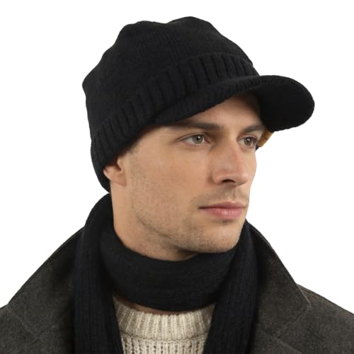 Winter Beanie with Visor - Stylish Knit Hat with Bill - Thick Brimmed Beanies with Fleece Lining Men and Women - color: B327-black