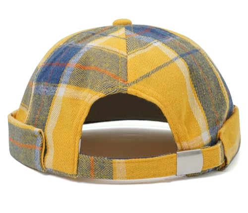 DIYDECAL Striped Plaid Brimless Worker Cap,Retro Skullcap Docker Hat for Men Womens - color: Yellow