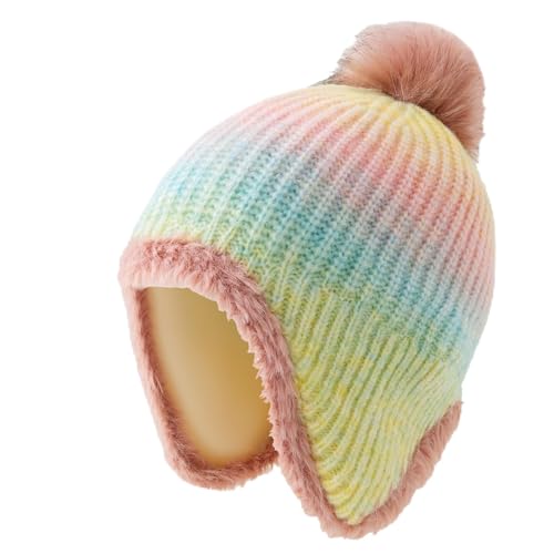 Jastore Kids Girls Winter Beanie Hat with Ear Flaps Boys Warm Fleece Lined Pom Pom Knit Hats Snow Ski Cap - color: Yellow