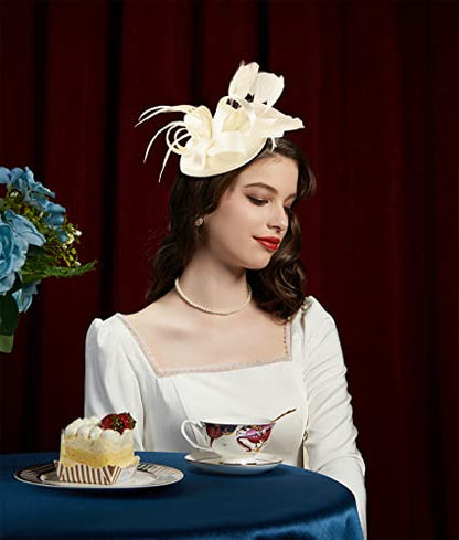Kentucky Derby Fascinators for Women High Tea Party Hat Wedding Cocktail Flower Headware with Mesh and Feathers - color: Y-beige