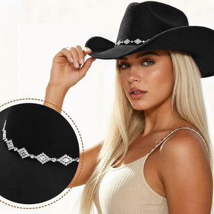 DRESHOW Women's Western Cowboy Hat Rhinestone Cowboy Cowgirl Hat Glitter Wide Brim Felt Fedora Hats Unisex Rolled up Caps - color: 1 Pack Style 11: Black