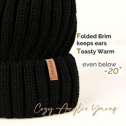 FURTALK Womens Winter Knitted Beanie Hat with Faux Fur Pom Warm Knit Skull Cap Beanie for Women - color: Black With Black Pom