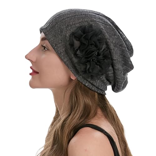 ZLYC Women Slouchy Beanie Hat Summer Knit Chemo Headwear - color: Flower Dark Gray