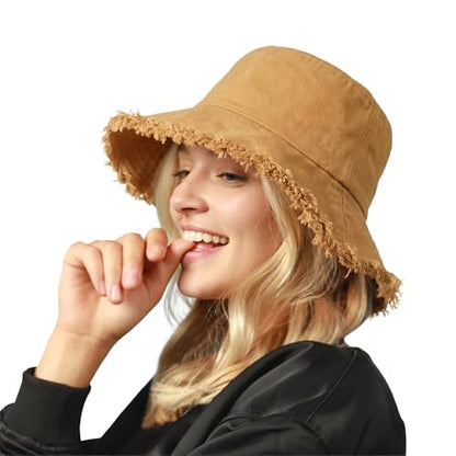 CHOK.LIDS Frayed Bucket Hat Washed Cotton Floppy Wide Brim Boonie Cap - color: Tan