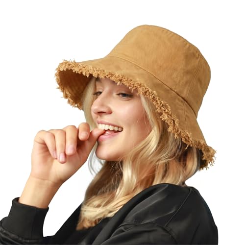 CHOK.LIDS Frayed Bucket Hat Washed Cotton Floppy Wide Brim Boonie Cap - color: Tan