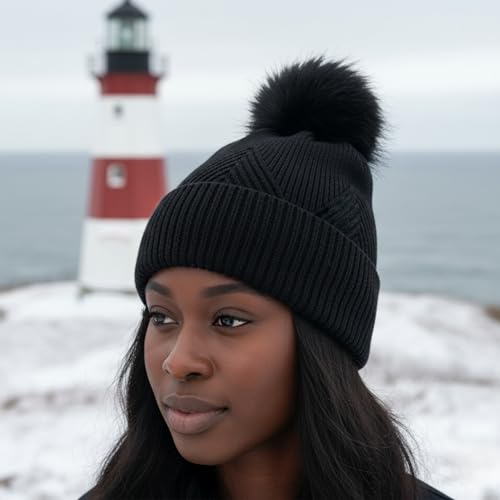 Funky Junque Basics Womens Pom Pom Beanie Winter Hats Cute Diagonal Pattern Fleece Lined Warm Stocking Caps Pompom Toboggan - color: Black