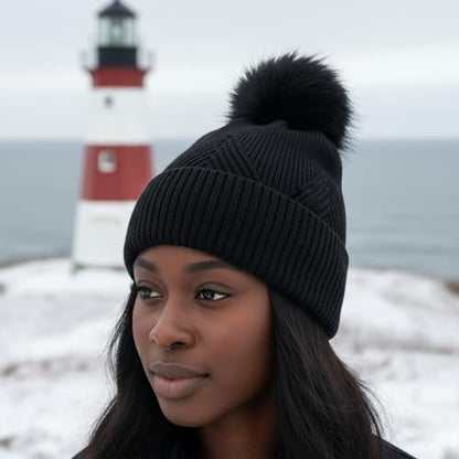 Funky Junque Basics Womens Pom Pom Beanie Winter Hats Cute Diagonal Pattern Fleece Lined Warm Stocking Caps Pompom Toboggan - color: Black