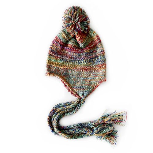 yolrdiw Women's Boho Crochet Colorful Hat Tassel Braid Winter Knit Beanie with Ear Flaps Pom Pom - color: Red Green