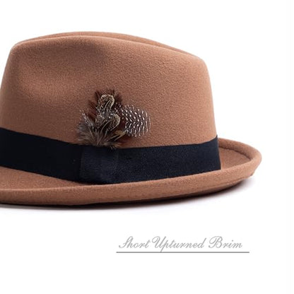 Short Brim Fedora Hat for Men Women Felt Trilby with Feather - color: Khaki