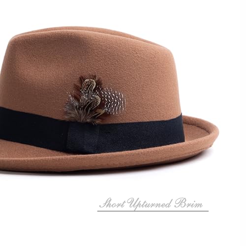 Short Brim Fedora Hat for Men Women Felt Trilby with Feather - color: Khaki