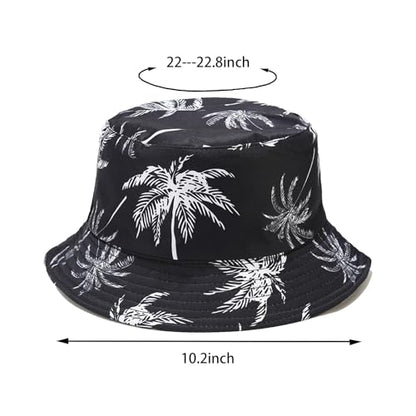Bucket Hat for Women Men, Cotton Reversible Double Side Wear Sun Hats Beach Fisherman Hat - color: Black Coconut Tree