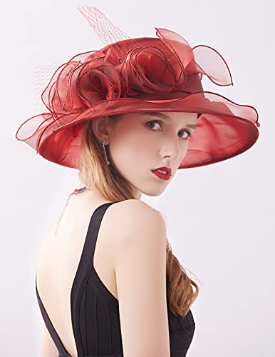 Women Derby Fascinator Hat Organza Church Wedding Hats Wide Brim Cocktail Tea Party Hat - color: 12 Burgundy