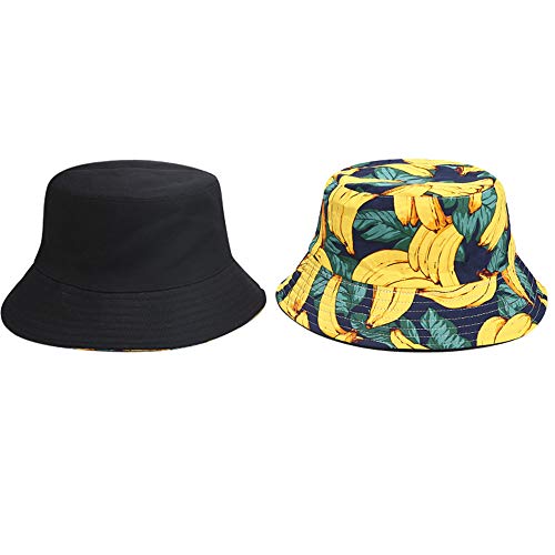 Unisex Print Double-Side-Wear Reversible Bucket Hat - color: Banana