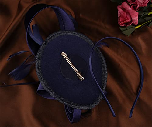 Kentucky Derby Fascinators for Women High Tea Party Hat Wedding Cocktail Flower Headware with Mesh and Feathers - color: Y-navy