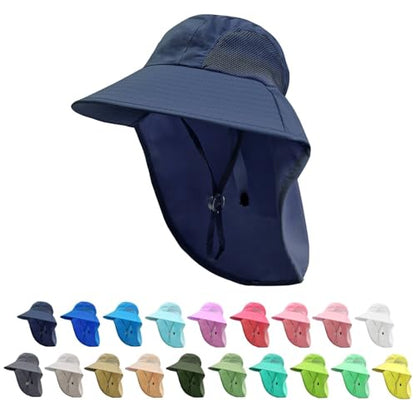 Rosoz Kids Sun Hat with Neck Flap UV Protection Summer Toddler Beach Hat Unisex Ponytail Hat Wide Brim Fishing Hat - color: 1pack-navy Blue