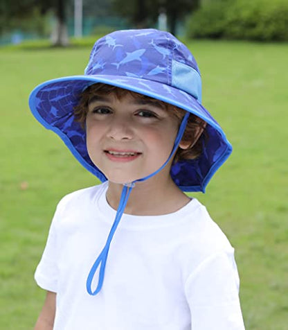 icolor Kids Sun Hat UPF50+ Sun Protection Bucket Hat Toddler Summer Beach Play Hats with Neck Flap for Girl Boy Ages 3~10 - color: Shark