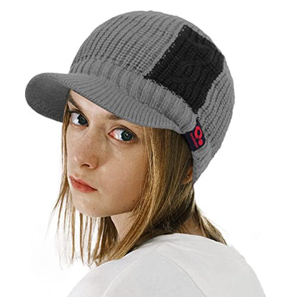 Women's Contrast Patch Visor Beanie Winter Knit Hat with Birim Fleece Lining Baseball Cap - color: Gray