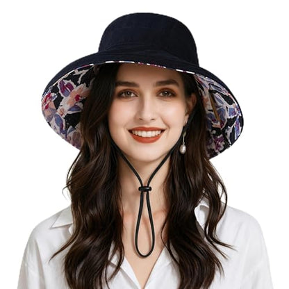 Womens Foldable Shapeable Brim Sun Hat UPF 50+ Cotton Wide Brim Beach Adjustable Chin Strap Hat Sun Protection Cap - color: Z5-black