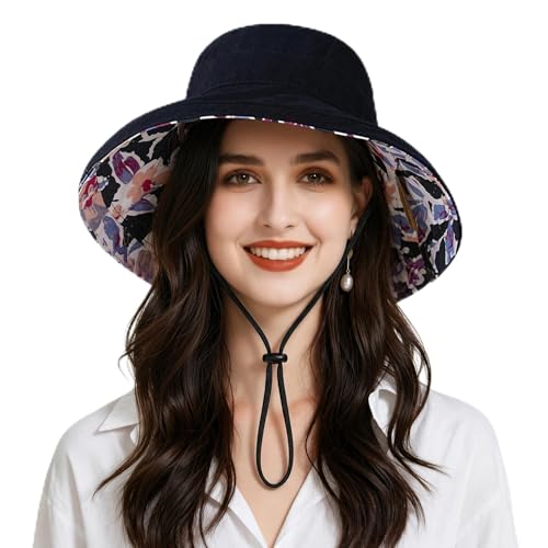 Womens Foldable Shapeable Brim Sun Hat UPF 50+ Cotton Wide Brim Beach Adjustable Chin Strap Hat Sun Protection Cap - color: Z5-black