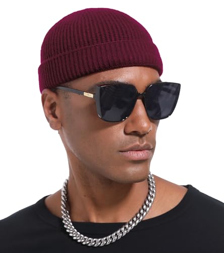 Wool Cuffed Beanie for Men Unisex Knit Watch Cap Thin Fisherman Beanies - color: Wine Red