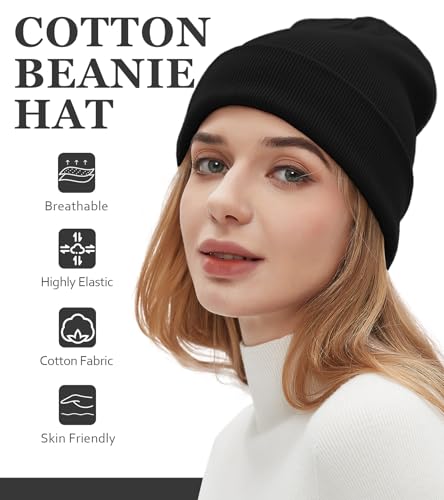 100% Cotton Beanies for Men Women Unisex Cuffed Knitted Skull Cap - color: Black