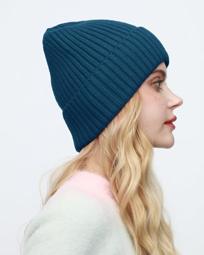 ROYBENS Womens Satin Lined Beanie for Men Wool Knit Cuffed Warm Winter Hats - color: 1pcs-denim Blue
