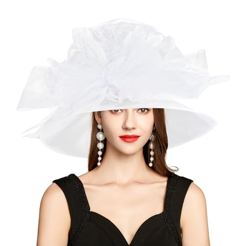 2026 Derby Hat, Classy Sun Hats for Women Ladies, Organza Feather Kentucky Fascinator for Tea Party Church UV Protection - color: I3120-light White