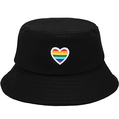 XYIYI Fashion Embroidery Bucket Hat Cotton Beach Fisherman Hats for Women Girls - color: Rainbow Pride Black