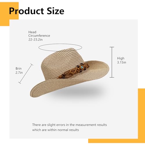 Women/Men Straw Cowboy Hat Wide Brim Sun Beach Cowgirl Hat Summer Western Cowboy for Travel Outdoor Family - color: Khaki W