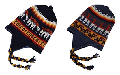 Alpaca Wool Blend Winter Hat Chullo Inca Peruvian Design Reversible with Earflaps. Beanie Medium Size. Unisex - color: Navy Blue/Steel Blue
