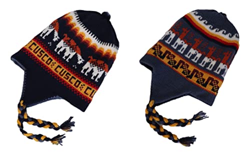 Alpaca Wool Blend Winter Hat Chullo Inca Peruvian Design Reversible with Earflaps. Beanie Medium Size. Unisex - color: Navy Blue/Steel Blue