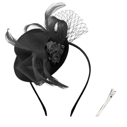 AMCAMI Fascinators Hats for Women Girls 2026 Derby Hats Tea Party Hat with Headband and Clip - color: Black