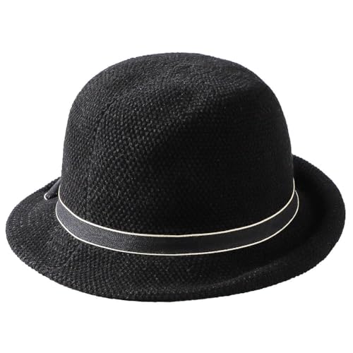 Women Beach Cloche Sun Bucket Hat Rolled Church Hat Folded Shipping - color: Bowknot/Black