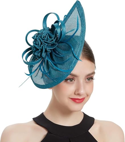 ORIDOOR Women Fascinators Derby Church Tea Party Wedding Flower Feathers Headpiece with Headband Clips - color: 21c Peacock Blue