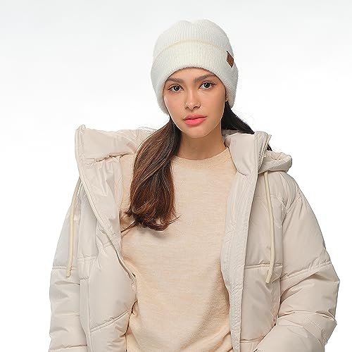 C.C Fuzzy Beanie for Women Unisex - Acrylic Stretchable Soft Warm Knit Winter Skully Hat - color: Feather Yarn-ivory