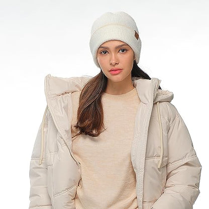 C.C Fuzzy Beanie for Women Unisex - Acrylic Stretchable Soft Warm Knit Winter Skully Hat - color: Feather Yarn-ivory
