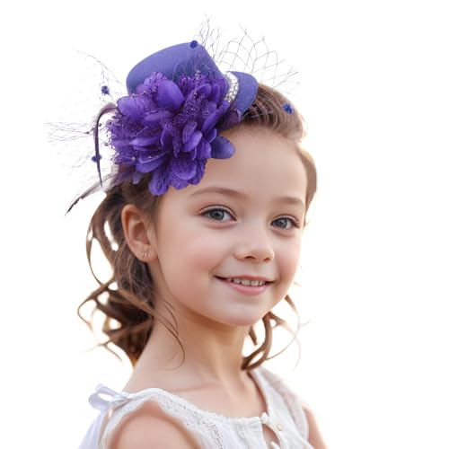 Zinniday Purple Feather Fascinator Hat - 2026 Mini Elegant Veil Derby Hats Veil Headdress Pearl Victoria Topper Kentucky Hair Clip for Lady Women Girls Holiday Event Party Costume - color: Purple